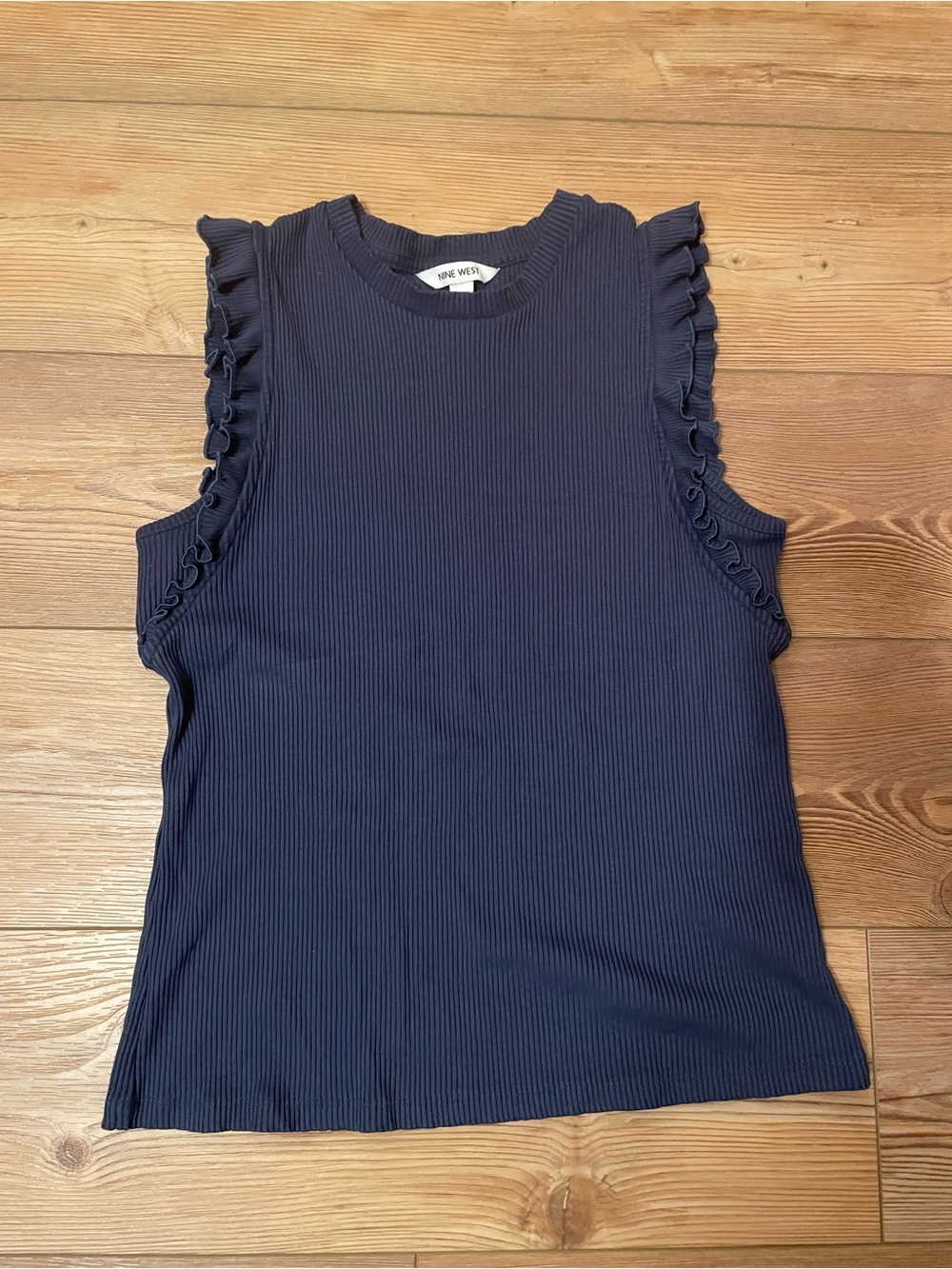 Women’s Nine West Navy Ribbed Sleeveless Top with Ruffle Trim